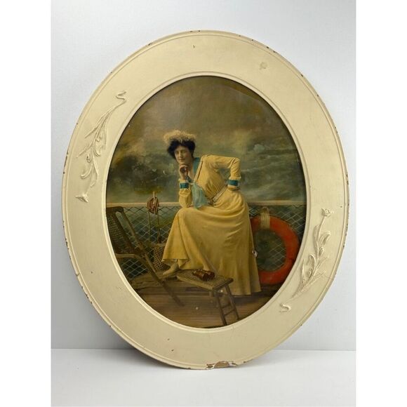 Antique Victorian Woman Photograph in Wooden Oval Embossed Floral Frame 26x22in - Picture 2 of 11